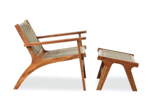 Side view of a woven accent chair and footstool on white background
