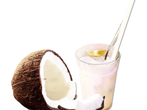 Nửa trái dừa khô cạnh ly nước dừa đá có ống hút