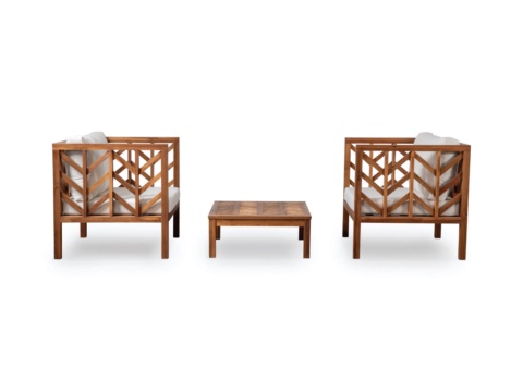 Outdoor sofa set with two brown wooden armchairs and a low table, white background