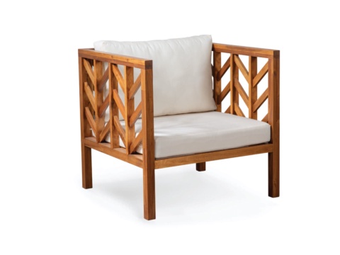 Armchair from an outdoor sofa set, brown wood with herringbone slat sides, white background