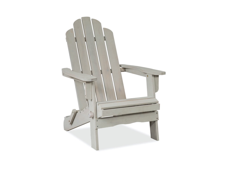 Light grey wooden Adirondack outdoor chair, three-quarter front view, white background