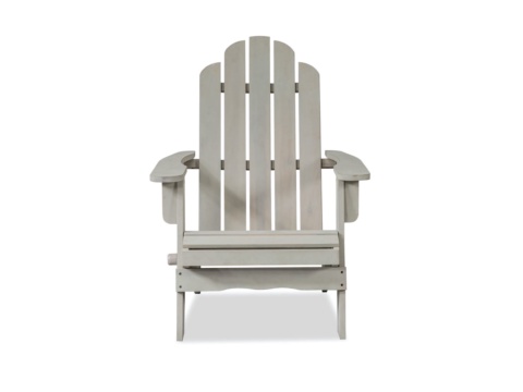 Front view of a light grey wooden Adirondack chair on white