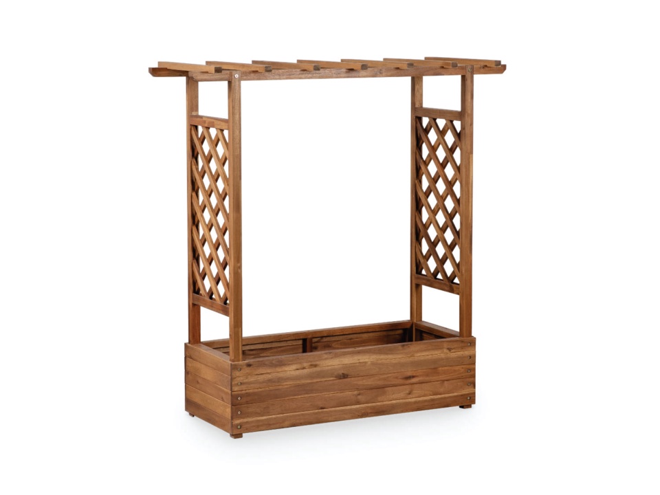 Wooden planter with lattice side trellises and slatted top beam on white background