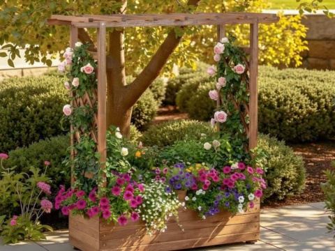 Wooden planter with side trellises and flowers beneath a tree