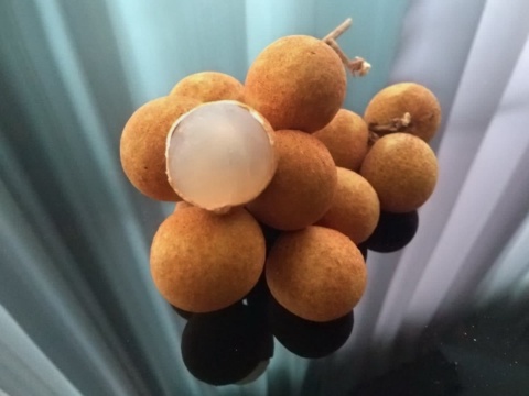 A bunch of fresh longans with one fruit peeled to show the white flesh