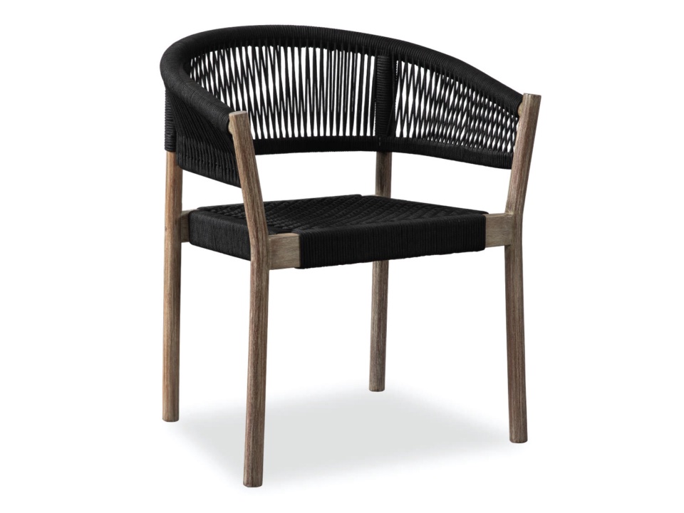 Chair with armrests, black woven rope back and seat, wooden legs, white background