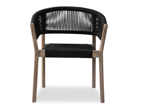 Front view of a chair with armrests and black woven rope back