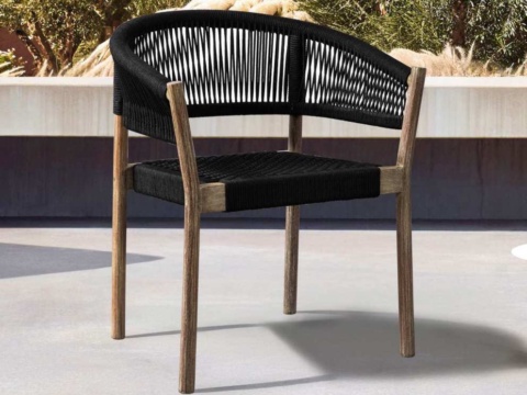 Armchair with curved black rope back and pale wooden legs
