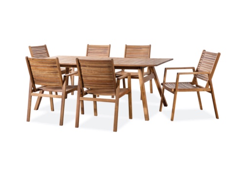 Front view of a brown wood dining set with slatted-back chairs, white background