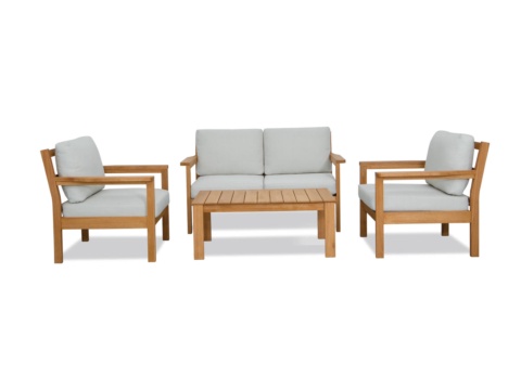 Outdoor sofa set with light wood frames and light-coloured cushions on white background