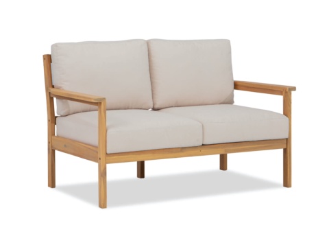 Two-seat sofa from an outdoor set, light wood frame, light-coloured cushions, white background