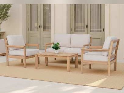 Two-seat sofa, two armchairs and acacia coffee table by glass doors