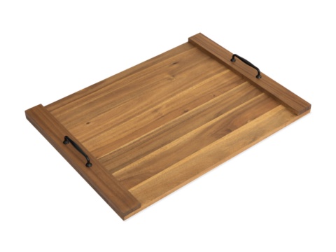 Wooden stove cover with two black handles, angled view from above, white background