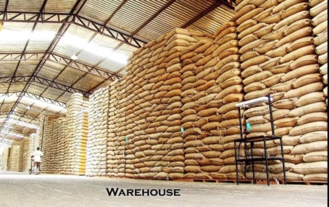 Kho chứa các chồng bao tải đay xếp cao, có chữ Warehouse