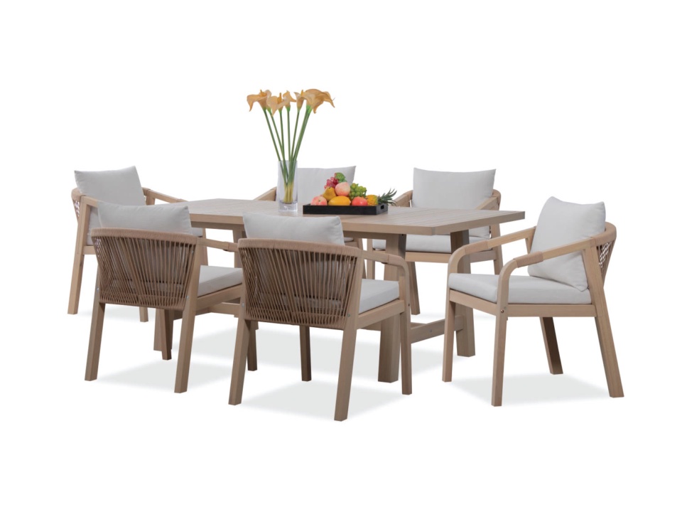 Light wood dining set with light-coloured cushions and a flower vase, white background