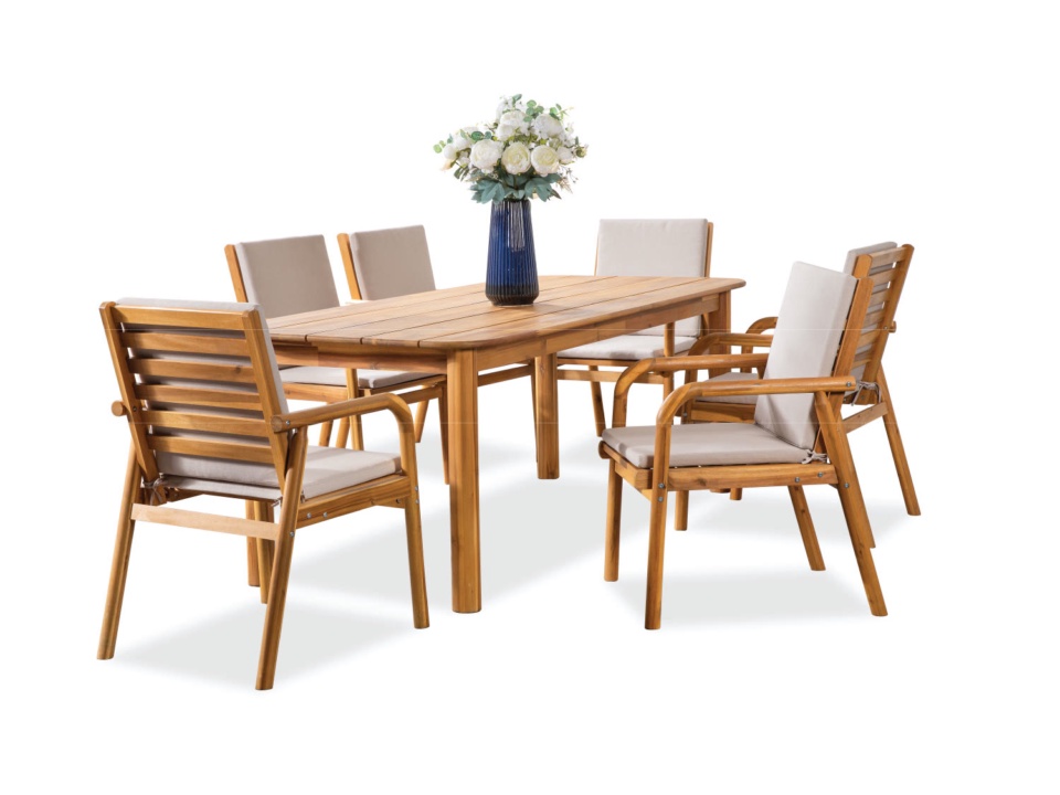 Wooden dining set with armchairs, cream cushions and a flower vase, white background