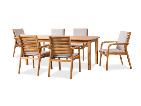 Front view of a wooden dining set with armchairs and cream cushions