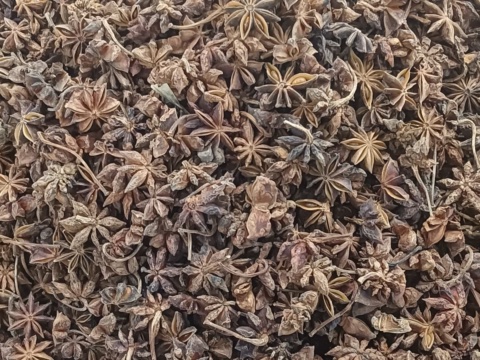 Dense pile of grey brown dried star anise
