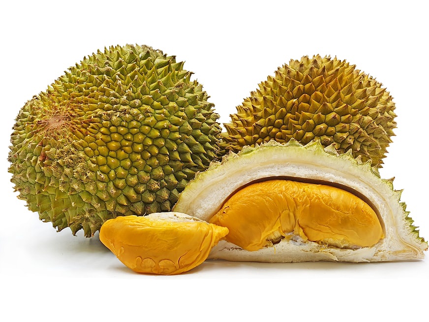 Two whole durians and an opened fruit showing an orange-yellow segment, with one loose segment, on a white background