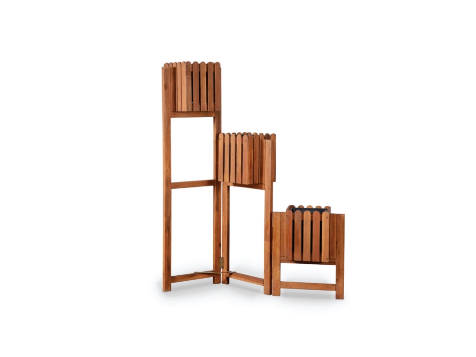 Wooden multi-tier plant stand with three square pots stepped down on white background