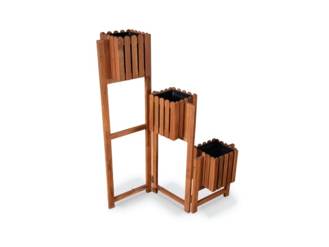 Wooden multi-tier plant stand seen at an angle, with black liners visible