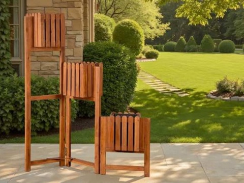 Tiered wooden planter stand with slatted boxes on a garden terrace