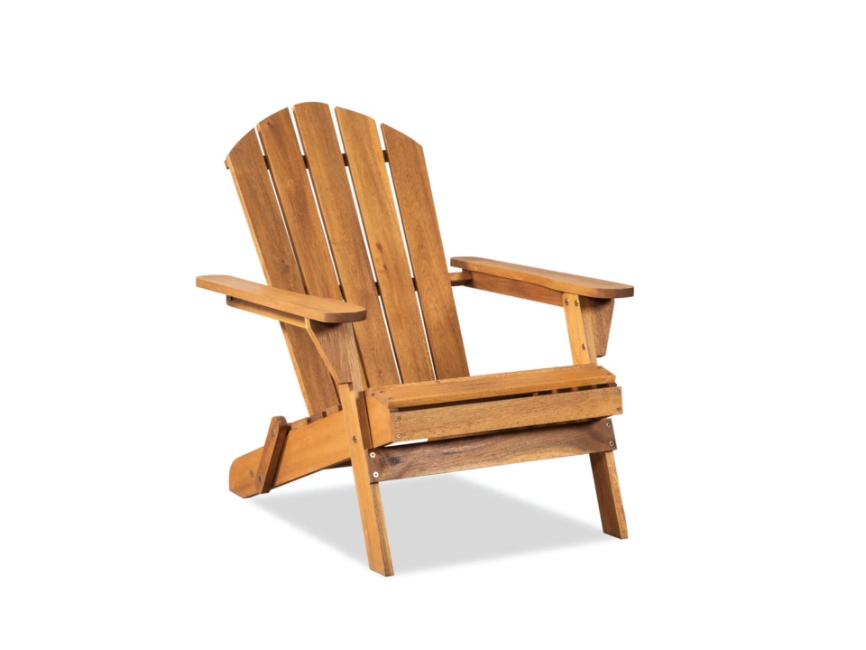 Honey-brown wooden Adirondack outdoor chair, three-quarter front view, white background