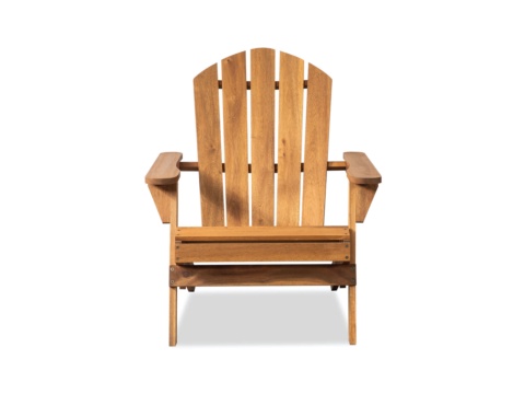 Front view of a honey-brown wooden Adirondack outdoor chair on white