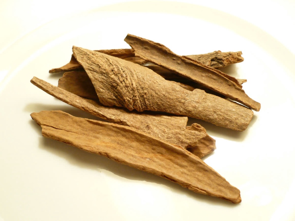 Flat split pieces of light brown cassia bark on a white plate